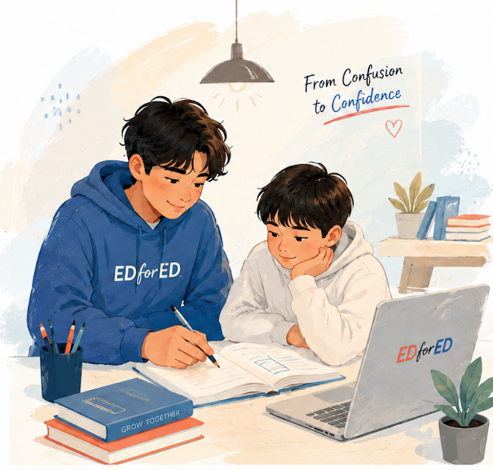 An EDforED mentor working through a workbook with a younger student
